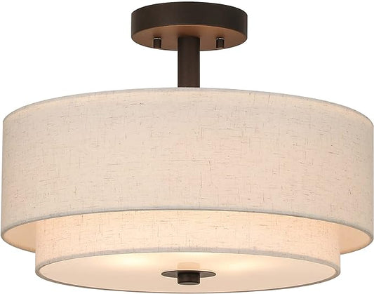 XiNBEi Lighting Drum Semi Flush Light, 3 Light Semi Flush Mount Ceiling Light Fixture with Fabric Shade Modern Close to Ceiling Light for Bedroom & Living Room Dark Bronze Finish XB-SF1289-DB