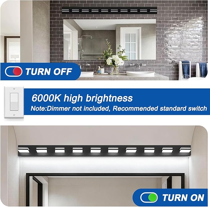 IZORRO LED Modern Bathroom Lights Fixtures(10-Light,Dimmable),Matte Black Acrylic Wall Lighting,Vanity Lights for Bathroom Over Mirror - 6000k 46In （No Assembly Required）
