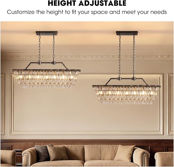 7PM Crystal Chandelier for Dining Room, 35 Inch Antique Bronze Chandelier, 7 Lights Rectangle Chandelier, Farmhouse Kitchen Island Lighting Hanging Light Fixture for Living Room, Entryway