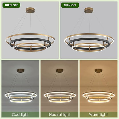 Benkut 3 Rings Modern LED Chandelier Black Gold Dimmable Circular Pendant Light for Dining Room, Foyer Chandelier with Remote Control Flush Mount High Ceiling Light for Kitchen Living Room, D30.7In