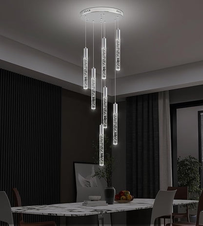 7-Lights High Ceiling Crystal Chandelier, Modern LED Raindrop Pendant Light Fixture 60" H Flush Mount Chandelier Chrome for Foyer Staircase Living Room