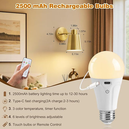 Gold Battery Operated Wall Sconces Set of Two with Remote, Rechargeable Battery Powered Wall Lights, 3 Color Temperature, Dimmable, Modern Wireless Wall Lamps for Bedroom Living Room Hallway