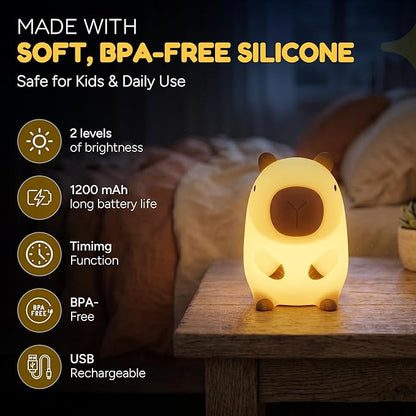 Cute Fox Night Light for Kids, Silicone Baby Nursery Night Light, Rechargeable Touch Lamp with Timer & Dimmable Warm Light for Bedroom Decor, Cute Animal Lamp (Capybara)