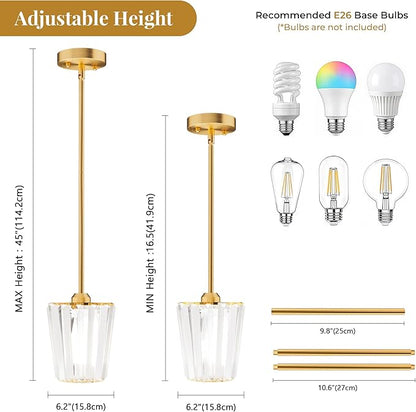 2 Pack Crystal Pendant Lights Kitchen Island - Modern Gold Pendant Light Mini Adjustable Hanging Pendant Lights for Kitchen Island Dining Room Foyer Hallway