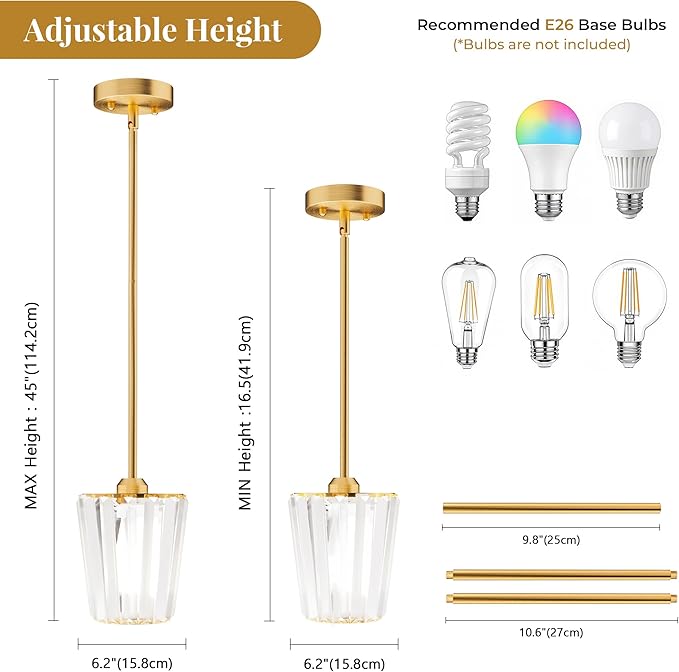 3 Pack Crystal Pendant Lights Kitchen Island - Modern Gold Pendant Light Mini Adjustable Hanging Pendant Lights for Kitchen Island Dining Room Foyer Hallway