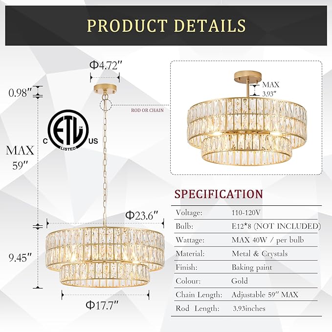 CATINER 24'' Modern Crystal Chandelier 8-Lights Luxury Gold Semi Flush Mount Ceiling Light Fixtures Round Crystal Pendant Chandelier for Living Room Dining Room Foyer Bedroom Kitchen