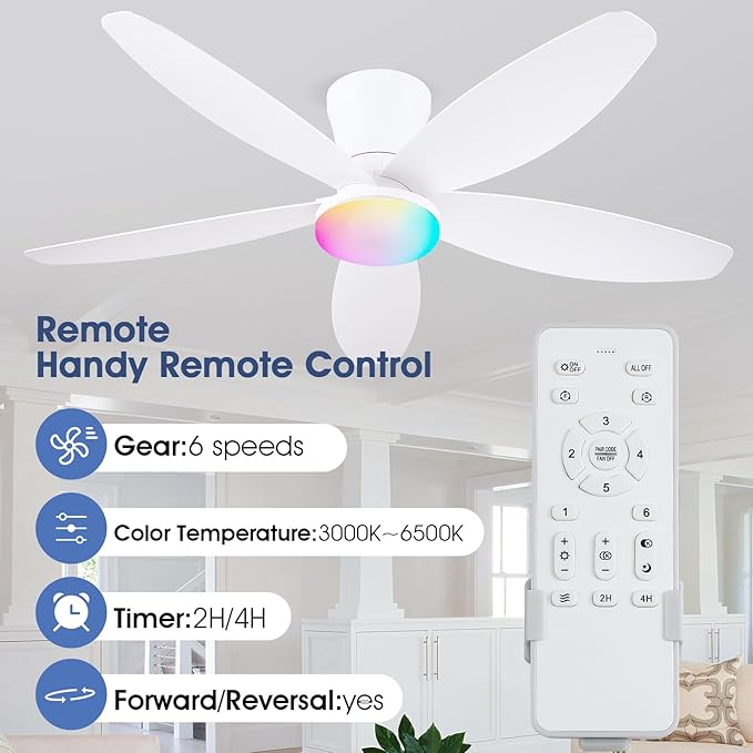 Surtime Flush Mount RGB Ceiling Fans with Lights-48 Low Profile Ceiling Fan with Light and Remote/APP Control,DC Reversible,LED Dimmable Ceiling Fans for Bedroom,Indoor/Outdoor Patio Use(White)
