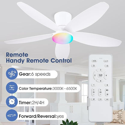 Surtime Flush Mount RGB Ceiling Fans with Lights-48 Low Profile Ceiling Fan with Light and Remote/APP Control,DC Reversible,LED Dimmable Ceiling Fans for Bedroom,Indoor/Outdoor Patio Use(White)