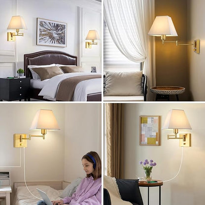Wall Mounted Lamp Plug in Wall Sconce with Dimmable Switch Swing Arm Wall Lamp Whire Fabric Shade with USB Port Gold Wall Sconce Suitable for Hallway Bedroom Living Room…