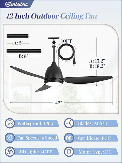 Fanbulous 42" Outdoor Ceiling Fan with Light, IP65 Waterproof Wet Rated, Plug in Gazebo Fan with 10FT Cord, Smart APP & Remote, 6-Speed Reversible DC Motor, 3CCT Dimmable LED for Patio Porch (Black)