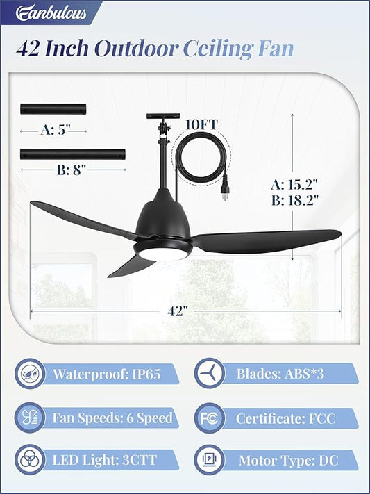 Fanbulous 42" Outdoor Ceiling Fan with Light, IP65 Waterproof Wet Rated, Plug in Gazebo Fan with 10FT Cord, Smart APP & Remote, 6-Speed Reversible DC Motor, 3CCT Dimmable LED for Patio Porch (Black)