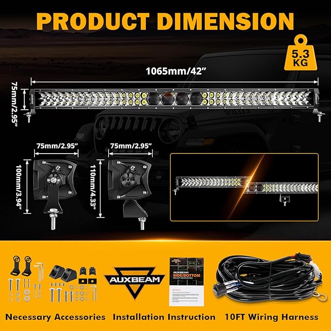 Auxbeam 42 Inch 360W LED Light Bar, 5D Pro Series Dual Row Spot Flood Combo Off Road Lights, 44000LM Driving Off Road Lights with 10FT Wiring Harness Kit for Jeep SUV UTV ATV Pickup Truck