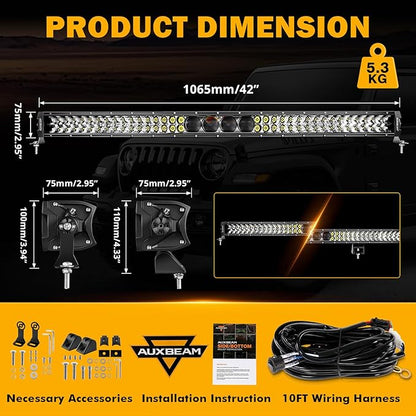 Auxbeam 42 Inch 360W LED Light Bar, 5D Pro Series Dual Row Spot Flood Combo Off Road Lights, 44000LM Driving Off Road Lights with 10FT Wiring Harness Kit for Jeep SUV UTV ATV Pickup Truck