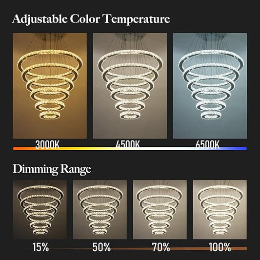 Dimmable Crystal LED Chandelier(3000-6500K) for High Ceiling – Remote Control, Adjustable Height, Modern Stainless Steel Fixture for Foyer, Staircase, Living Room(Chrome 6-Ring)