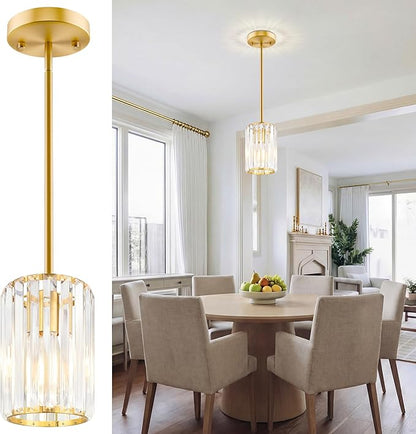 Gold Pendant Light, Modern Crystal Pendant Lights Kitchen Island, Kitchen Island Lighting with Adjustable Height, UL Certified Island Lights for Kitchen Dining Room Bedroom Hallway 1 Pack