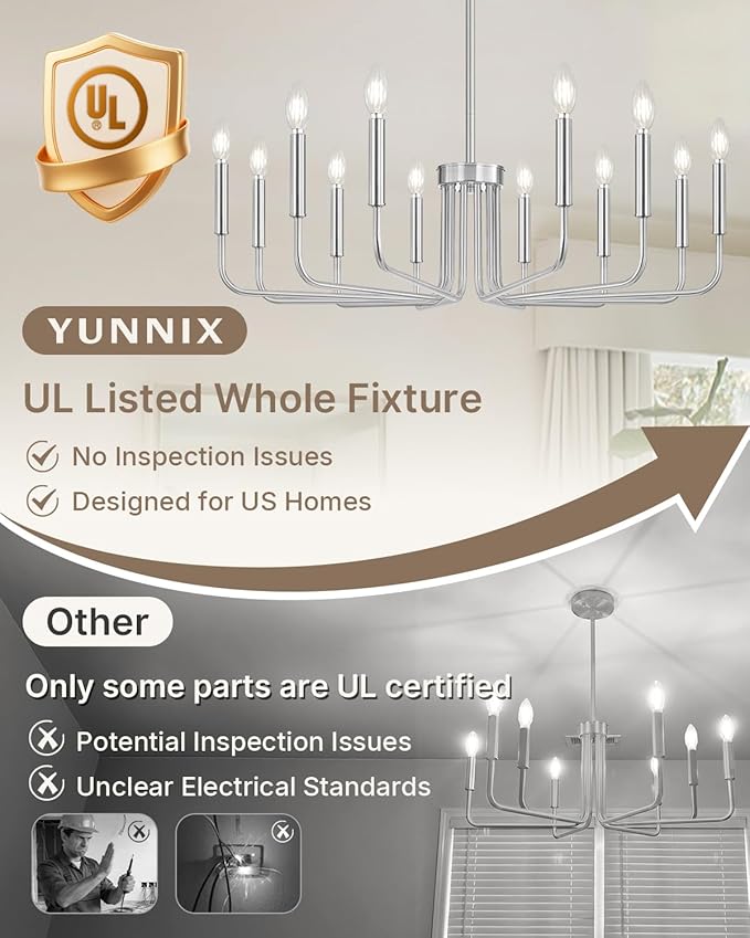 Yunnix 12-Light Brushed Nickel Chandelier, 35" Extra Large Silver Light Fixture - Modern Farmhouse Chrome Chandelier for Dining Room, Kitchen Island, Living Room, Hall, Foyer