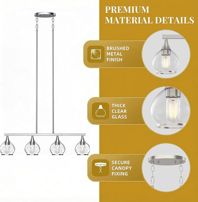Kitchen Island Linear Pendant Light, 4-Light Modern Chandelier with Clear Glass Globe Shades, Linear Lighting Fixture Over Dining Table, Brushed Nickel