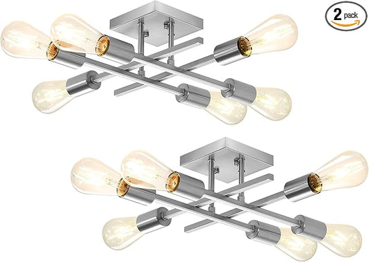 6-Light Semi Flush Mount Ceiling Light Fixture, Industrial Brushed Nickel Close to Ceiling Lighting, Modern E26 Base Sputnik Chandelier Ceiling Lamp for Bedroom Living Room Hallway, 2 Pack