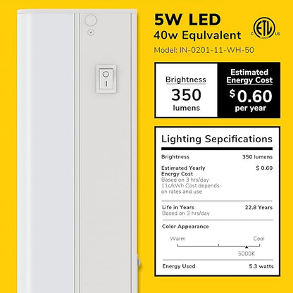 Inlight 12-inch Hardwired Only LED Under Cabinet Lighting, Daylight White(5000k), Dimmable, Matte White Finished, ETL Listed, IN-0201-11-WH-50