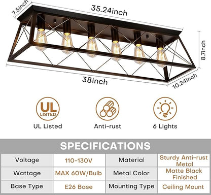 38” Large Black Flush Mount Ceiling Light Fixture, 6-Light Vintage Industrial Cage Chandelier for Dining Room, Kitchen Island, Living Room, Hallway, Dimmable Semi Flush Mount Close to Ceiling Lighting