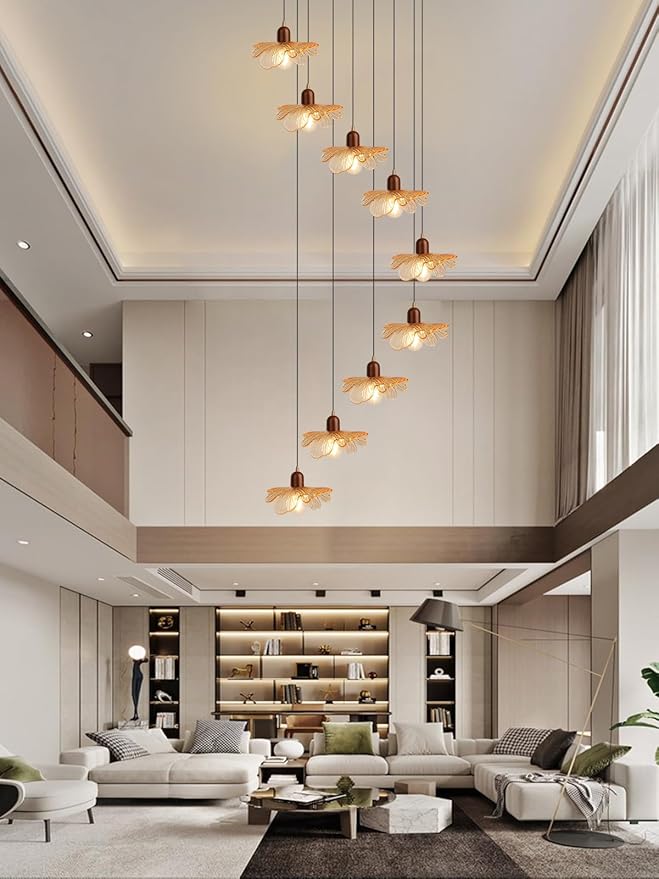 9-Light Amber Glass Chandelier for High Ceilings, Modern Long Flush Mount Lighting Fixture for Spiral Staircase, Foyer, Entryway, Living Room, Stairwell Hanging Chandelier