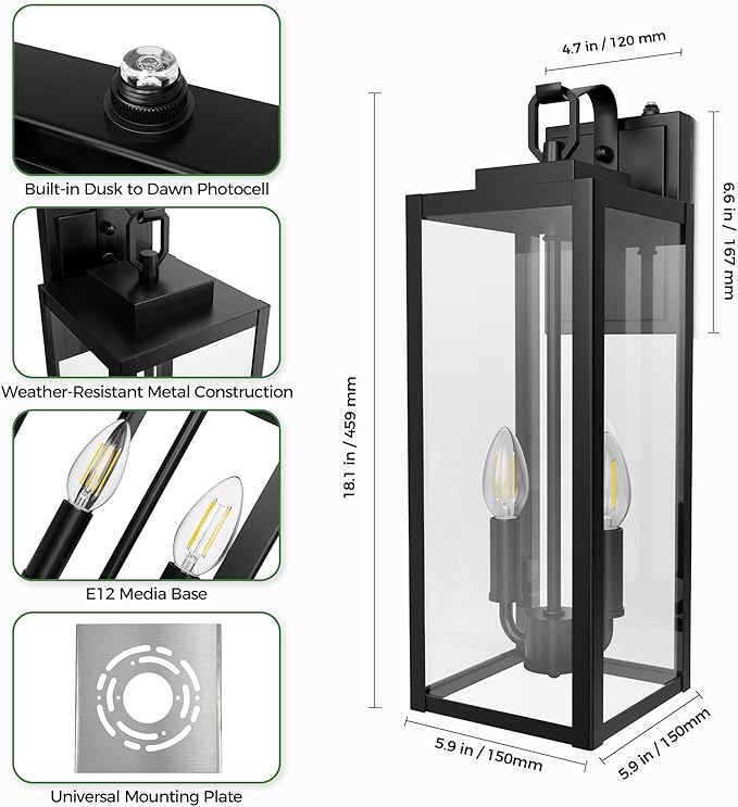 DORESshop 18 Inch Dusk to Dawn Outdoor Wall Lights, 2-Light Black Outdoor Wall Sconce Lantern with Clear Glass Shade, Tall Transitional Exterior Light Fixtures for Porch, Garage, ETL Listed, 2 Pack
