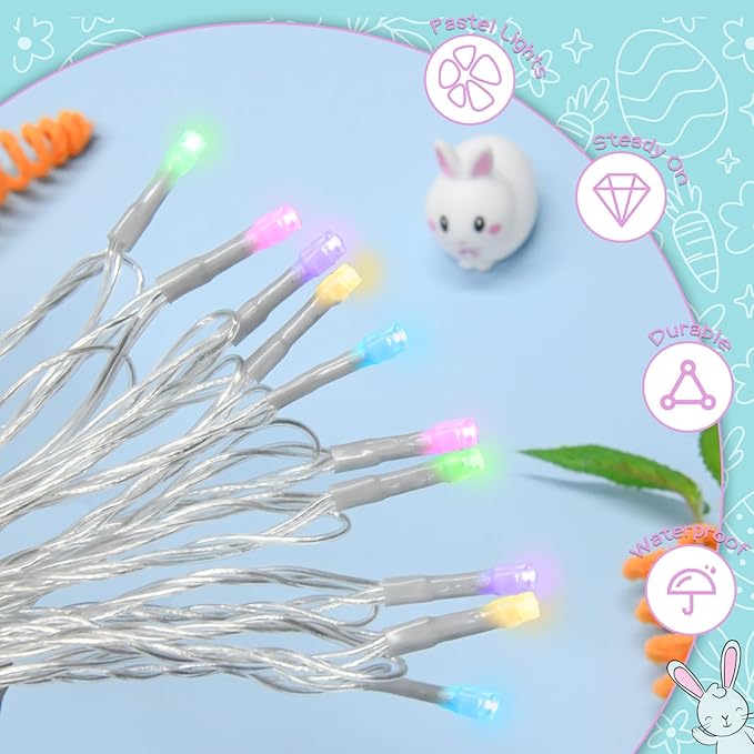 cshare Easter String Lights Battery Operated, Pastel Easter Lights with Timer 9.8ft 30LED Transparent Wire Fairy Lights for Easter Decorations Garland Outdoor Indoor Party 2 Packs