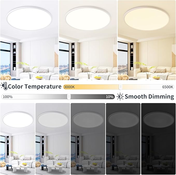 24 Inch Dimmable Ceiling Light Flush Mount 54W Remote Control LED Fixture 5400LM 3000K-6500K Adjustable Round Bright Lamp for Bedroom Kitchen Living Room Dining Bathroom White