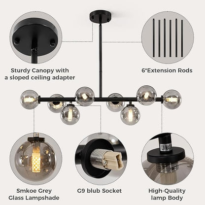 Grey Linear Chandelier, Modern Sputnik Ceiling Fixture with Adjustable Height & Dimmable Glass Shades for Dining Room, Office, Mid-Century Design