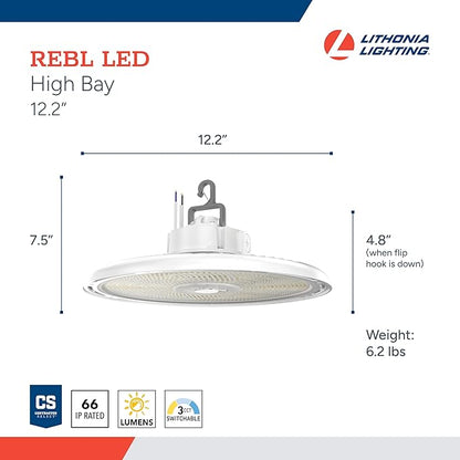 Lithonia Lighting REBL Round High Bay LED Light, 12,000/15,000/18,000 Adjustable Lumen Output, 3500K/4000K/5000K Switchable White Color Temperature, Work Light, UVOLT 120-347V, 12.2" x 7.5", White