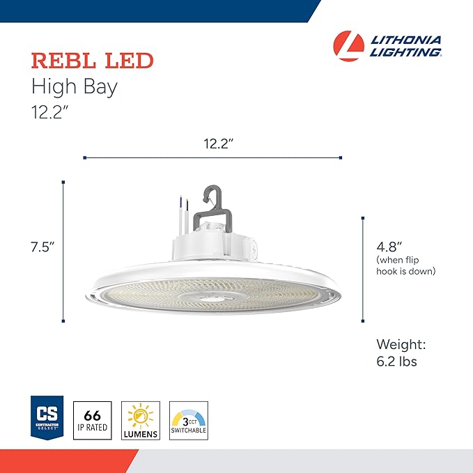 Lithonia Lighting REBL Round High Bay LED Light, 12,000/15,000/18,000 Adjustable Lumen Output, 3500K/4000K/5000K Switchable White Color Temperature, Work Light, XVOLT 277-480V, 12.2" x 7.5", White