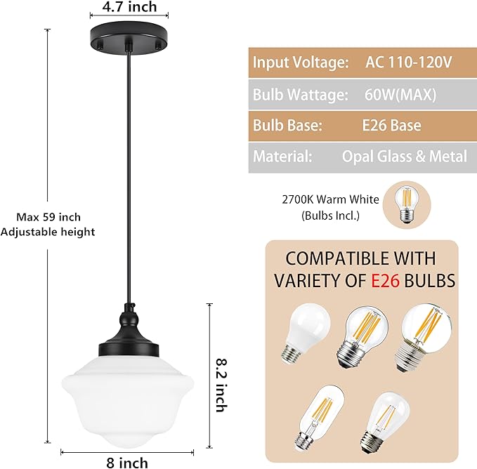 Bagood 2 Pack 8" Black Milk Glass Pendant Light Schoolhouse Light Fixture Schoolhouse Pendant Light Milk Glass Light Fixture Mid Century Modern Light Fixture for Kitchen Island Bathroom (Bulb Incl.)