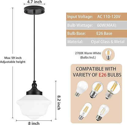 Bagood 2 Pack 8" Black Milk Glass Pendant Light Schoolhouse Light Fixture Schoolhouse Pendant Light Milk Glass Light Fixture Mid Century Modern Light Fixture for Kitchen Island Bathroom (Bulb Incl.)