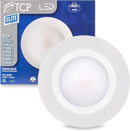 TCP LEDDR56BVCCT5 5/6 Inch LED Beveled Downlight - 50,000 Hour Life, Selectable CCT 27K-50K, 1400 Lumens, 14W, TRIAC Dimmable, E26 Adapter, UL Approved for Damp Locations, Easy Install Ceiling Light