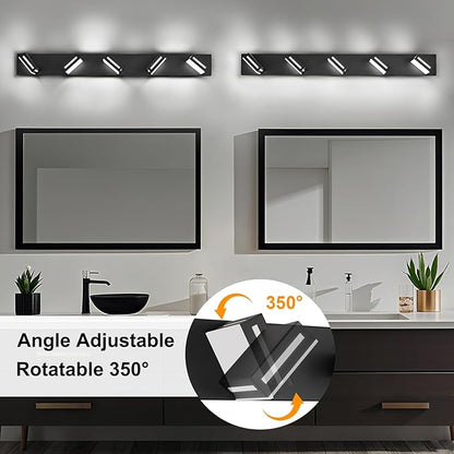 LED Modern Bathroom Light Fixtures, 5-Light 40-Inch Matte Black Vanity Lights for Bathroom Lighting Fixtures Over Mirror, 6000K Cool White 350° Rotatable Wall Lamp