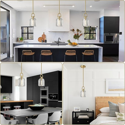 2 PCS of K9 Crystal Pendant Light with Brass Rod,5.1" Dimmable Contemporary Cylinder Light Above Dining Table,Modern Ceiling Hanging Lighting for Bedroom E12 Bulbs Included