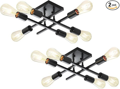 6-Light Semi Flush Mount Ceiling Light Fixture, Industrial Black Close to Ceiling Lighting, Modern E26 Base Sputnik Chandelier Ceiling Lamp for Kitchen Bedroom Living Room Hallway, 2 Pack