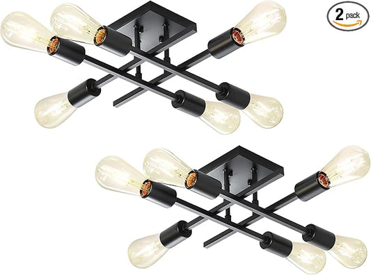 6-Light Semi Flush Mount Ceiling Light Fixture, Industrial Black Close to Ceiling Lighting, Modern E26 Base Sputnik Chandelier Ceiling Lamp for Kitchen Bedroom Living Room Hallway, 2 Pack