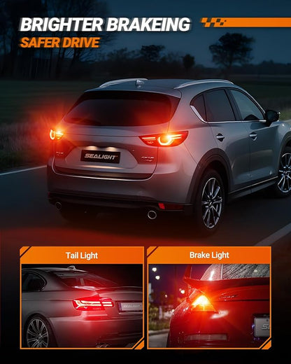 SEALIGHT 7440 7443 LED Bulbs Red for Brake Lights, Upgraded T20 7444 7441 W21W 992 7443NA LED Bulb 56-SMD with Projector Lens for Stop Tail Lights, Pack of 2