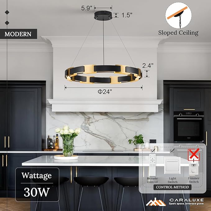 LED Ring Chandelier Modern Black Gold Chandelier for Dining Room 24in Dimmable Circular Chandeliers Light Round Chandeliers Light Fixture for Bedroom Kitchen Entryway Home Office Living Room