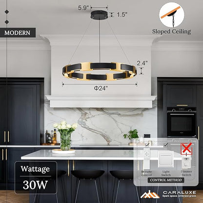 LED Ring Chandelier Modern Black Gold Chandelier for Dining Room 24in Dimmable Circular Chandeliers Light Round Chandeliers Light Fixture for Bedroom Kitchen Entryway Home Office Living Room