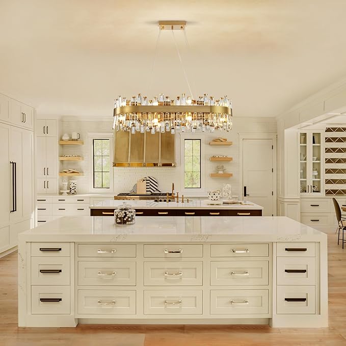 Modern Crystal Chandelier, 16-Light Rectangular Gold Crystal Chandelier for Dining Room, Luxury Oval 2-Tiers K9 Crystal Flush Mount Pendant Ceiling Light for Living Room Kitchen Island L35.4''