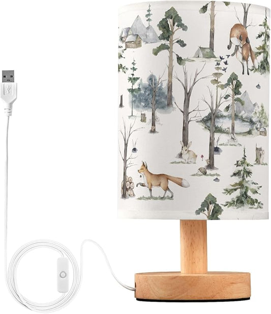 Table Lamp Watercolor Woodland Animal Pattern Fox Rabbit Hedgehog Bird Nightstand Lamp with Wood Base Fabric Lamp Shade Bedside Desk Lamp for Living Room Bedroom Kids Room Office