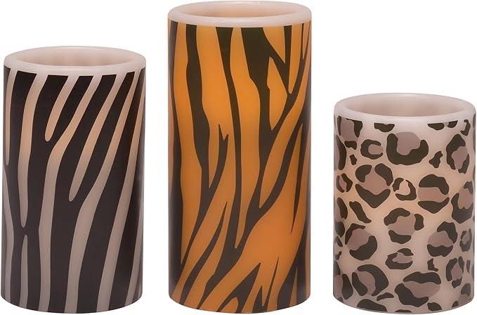 Mark Feldstein & Associates Wild Animal Print Flameless LED Pillar Candles, Set of 3, 6 Inch, Zebra, Tiger, Leopard