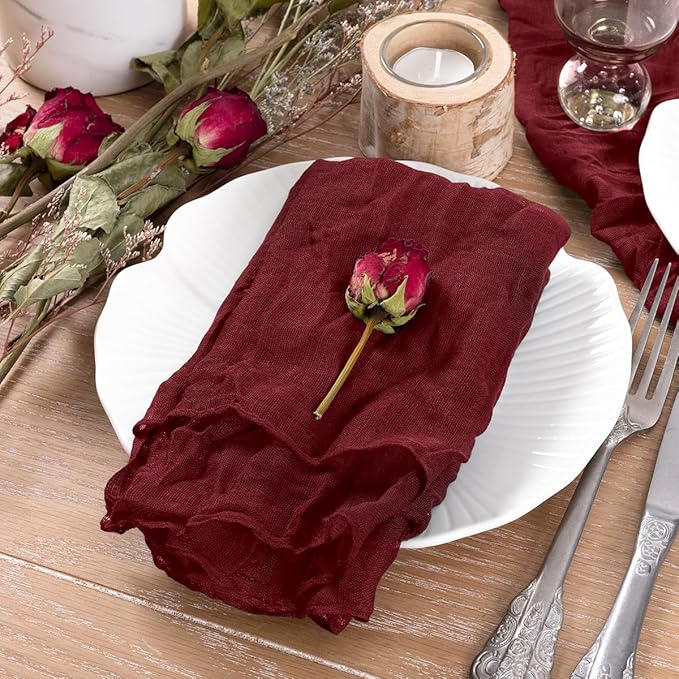 Socomi Burgundy Cheesecloth Napkins Fall Cheese Cloths Gauze Set of 24 Boho Washable Dinner Table Napkins for Wedding Party Baby Shower Birthday Party Decor