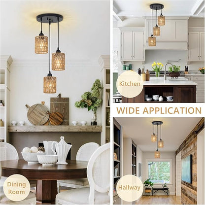 LAMSU 3 Lights Rattan Pendant Light, Farmhouse Dining Room Light Fixtures Ceiling Hanging, Boho Pendant Lighting with Hand Woven Wicker Shades for Kitchen Island Living Room Bedroom Foyer Hallway