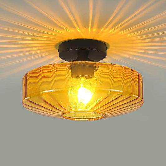 Semi Flush Mount Ceiling Light, 11.8" Mid Century Modern Close to Ceiling Light Fixtures with Amber Glass Shade, 1-Light Vintage Drum Lights for Bedroom Kitchen Entryway Hallway Porch Foyer