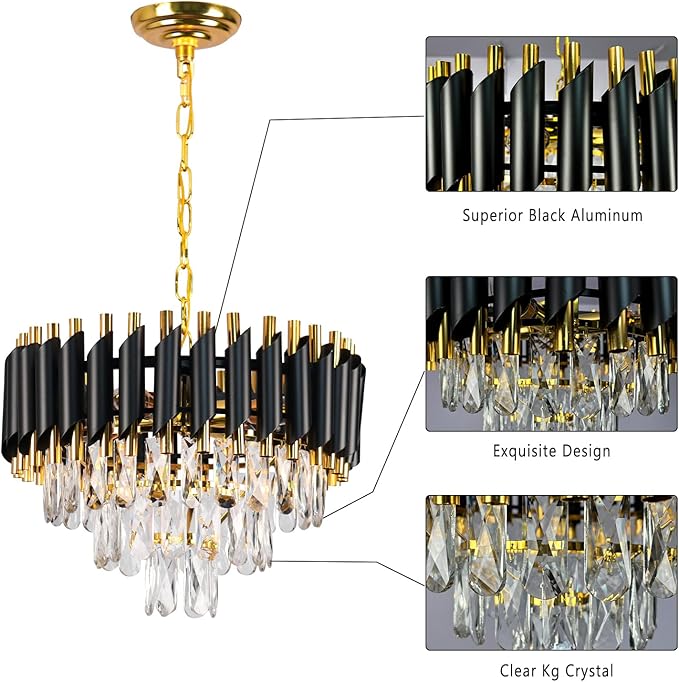 FRIXCHUR Modern Crystal Chandeliers 16" Black and Gold Chandelier Round Crystal Pendant Light 3-Tier Modern Chandeliers for Dining Room Living Room Bedroom Foyer