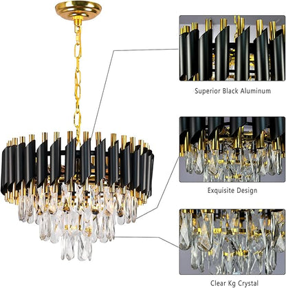 FRIXCHUR Modern Crystal Chandeliers 16" Black and Gold Chandelier Round Crystal Pendant Light 3-Tier Modern Chandeliers for Dining Room Living Room Bedroom Foyer