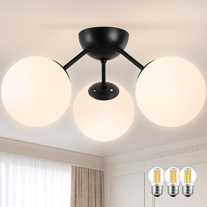Bagood 3-Light Mid Century Modern Semi Flush Mount Ceiling Light, Opal Glass Globe & Matte Black, Dimmable, UL Certified, for Bedroom, Kitchen, Living Room (Bulb Incl.)